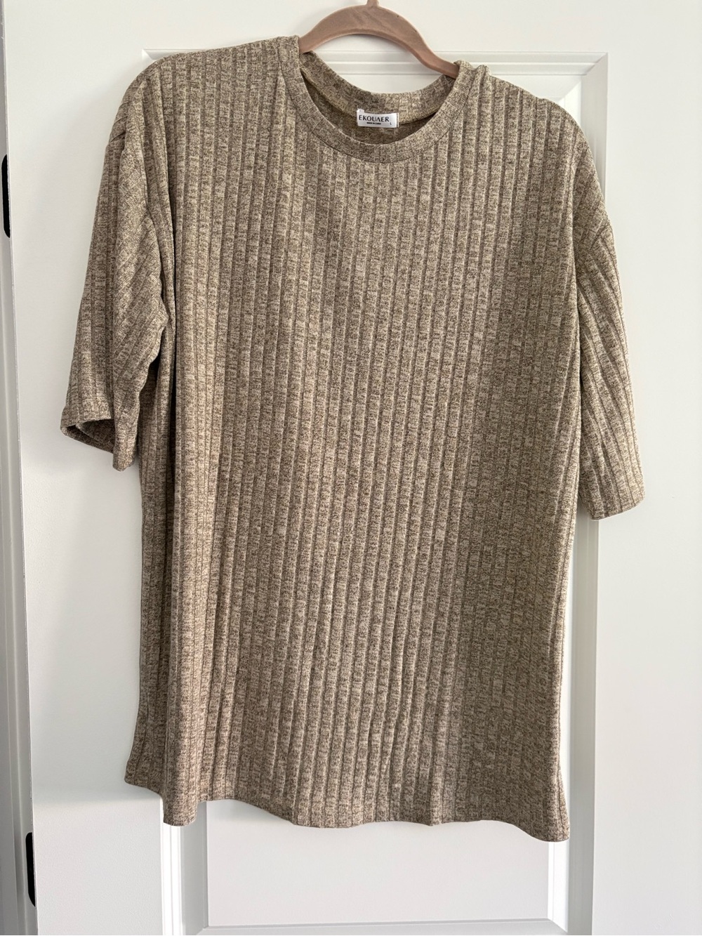 Eloquii Heathered Taupe Ribbed Crewneck Short Sleeve Top
